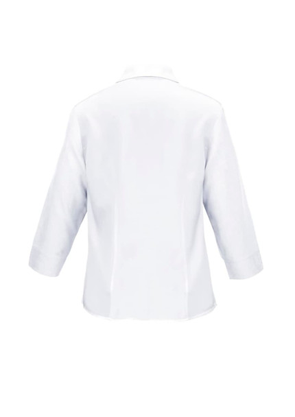 A plain white ladies' shirt with 3/4 sleeves and a back view, featuring a subtle collar and a logo. A plain white ladies' shirt with 3/4 sleeves and a back view, featuring a subtle collar and a logo.
