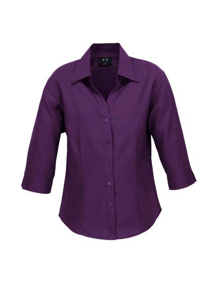 A purple ladies' shirt with 3/4 sleeves and a collar, featuring a button-down front and a logo.