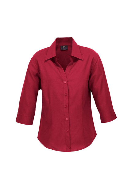 A red women's 3/4 sleeve shirt with a collared neckline and button front, featuring a logo.