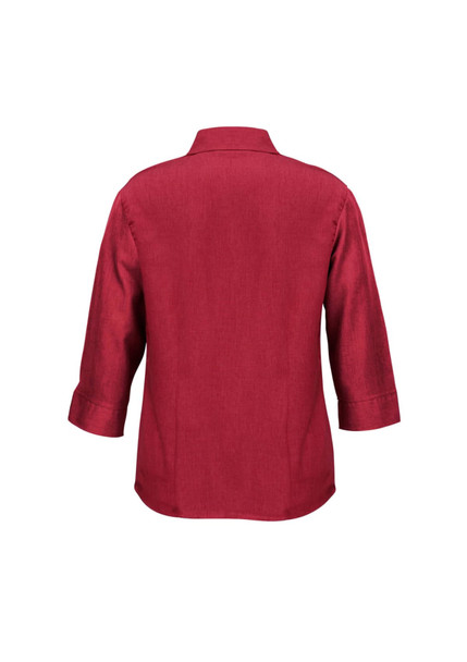 A red women's 3/4 sleeve shirt with a collar and a back view design. It features a logo on the fabric.