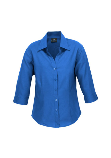 A blue women's 3/4 sleeve shirt with a collared neckline and button front. It features a logo on the label.