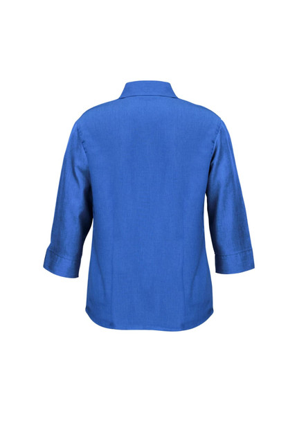 A women's 3/4 sleeve shirt in a vibrant blue, featuring a simple design and a collar on the back.