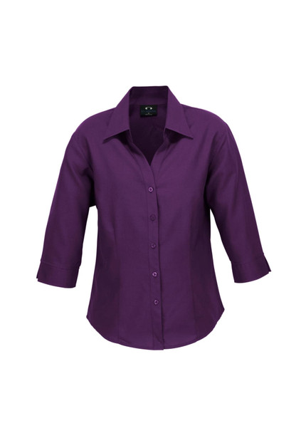 A purple women's 3/4 sleeve shirt with a collar and button-up front, featuring a logo.