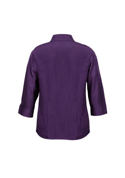 A purple women's shirt with 3/4 sleeves and a collared neckline, featuring a simple design and a logo.