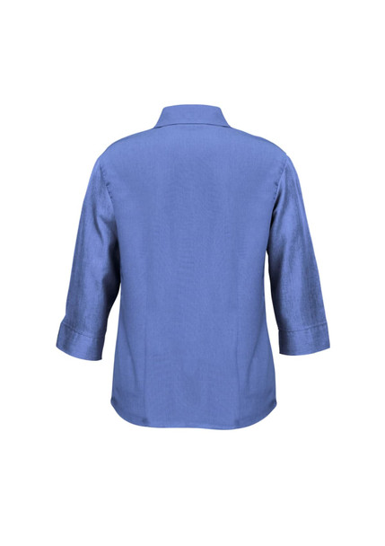 A 3/4 sleeve shirt in a solid blue hue, featuring a collar and a simple design. It has a logo on the back.