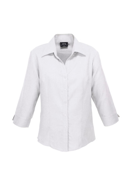 A white women's shirt with 3/4 sleeves and a collared neckline, featuring a logo.
