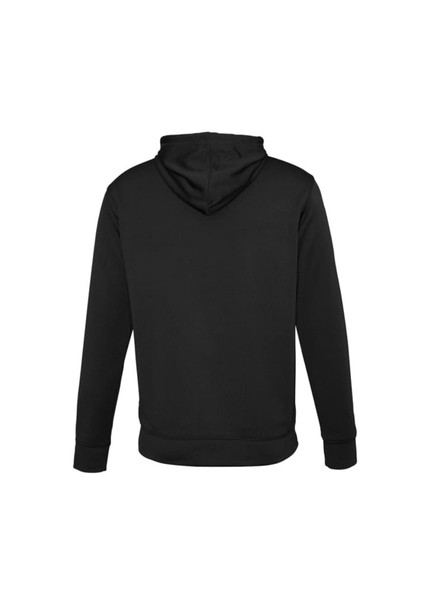 A black hoodie featuring a hood and long sleeves, with a plain back and ribbed cuffs.