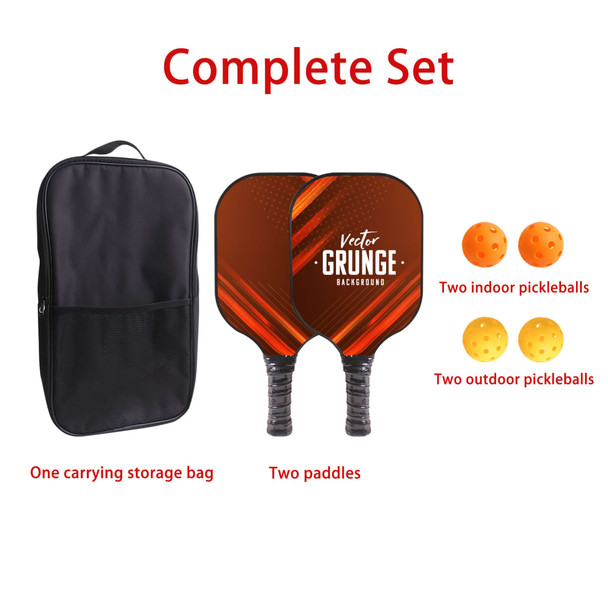 A complete Fiberglass Pickleball Set featuring two paddles, two indoor balls, two outdoor balls, and a carrying bag.