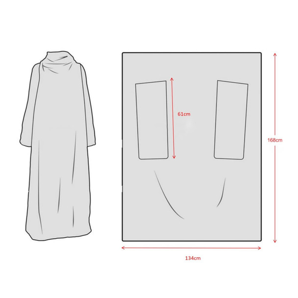 A 100% polyester sublimated front wear blanket in grey, featuring cut-out arm openings and a hood.