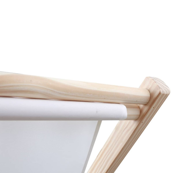 A wooden beach chair with a natural finish and white fabric seating. It features a simple, elegant design.