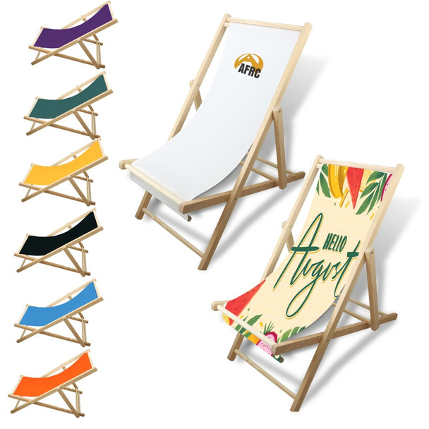 A wooden beach chair in various colours, featuring one with a vibrant design and a logo on the backrest.