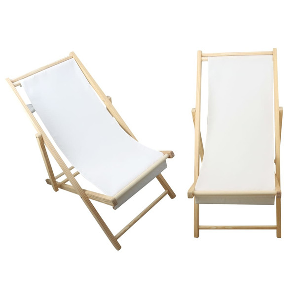 A wooden beach chair with a light timber frame and white fabric seat, presented in two positions.