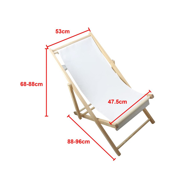 A wooden beach chair with a white canvas seat, adjustable height and sleek design. Features dimensions displayed.