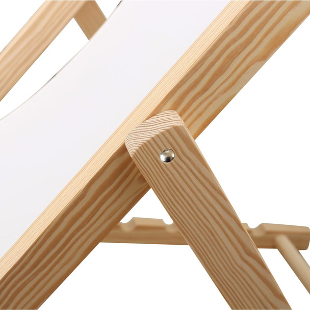 A wooden beach chair featuring a light-coloured timber frame and a white fabric seat.