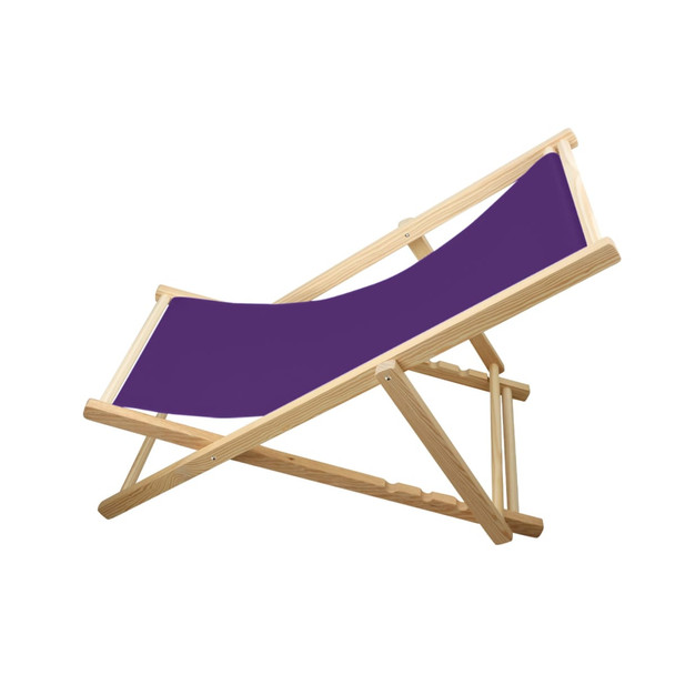 A wooden beach chair with a purple fabric seat, featuring a simple and practical design.