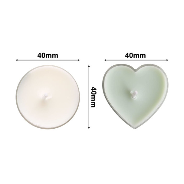 Tealight candles in round and heart shapes, featuring white and light green hues, measuring 40mm each.