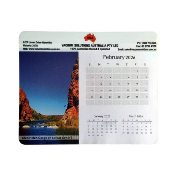A mouse mat featuring a calendar for February 2026, with an image of Glen Helen Gorge, NT. Predominantly blue and white.