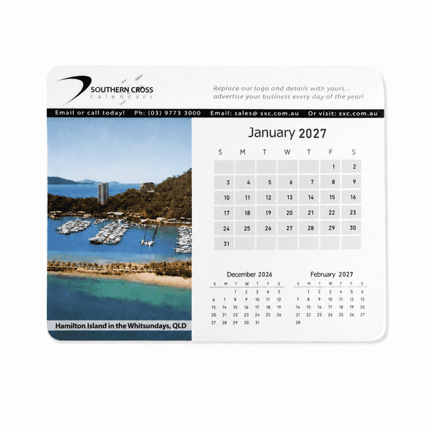 A calendar mouse mat featuring a scenic image of Hamilton Island, QLD, with a 2027 calendar grid. The mat has a branded logo.