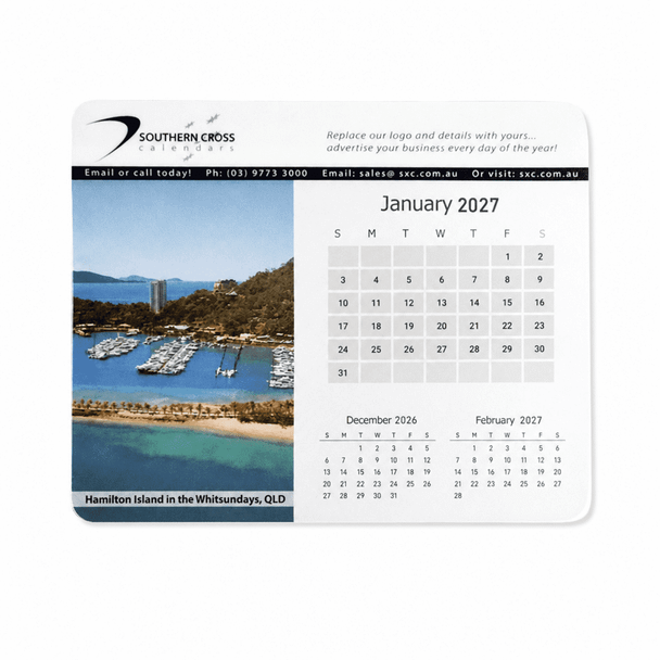 A mouse mat featuring a scenic image of Hamilton Island, QLD, along with a calendar for January 2027.