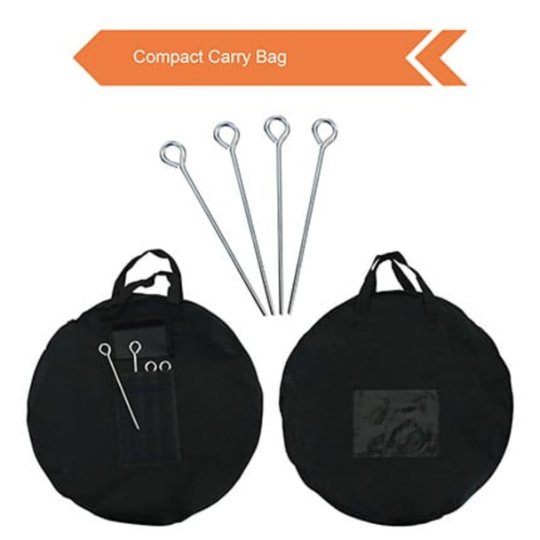 A compact carry bag in black with metal pegs for securing. Features a handle and multiple pockets for storage.