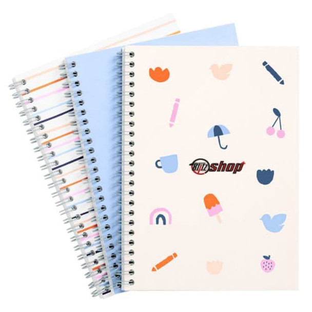 A B5 full colour wiro binding notebook featuring various colourful illustrations on a cream cover and blue pages.