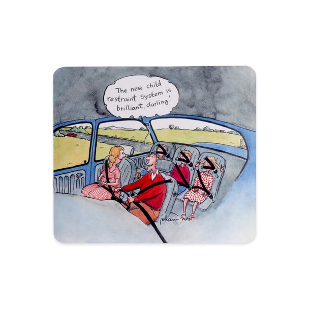 A mouse pad featuring a cartoon illustration of a family in a car with a humorous quote, predominantly in muted colours.