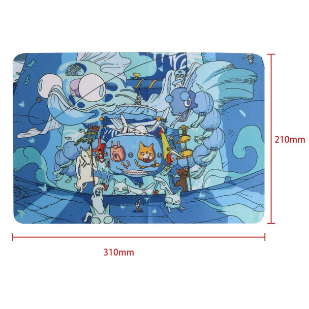 A blue microfibre cleaning mouse pad featuring whimsical illustrations, with a logo in the corner. Dimensions indicated.