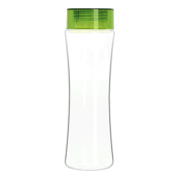 A drink bottle with a transparent body and a green lid. It has a simple, modern design and includes a logo.