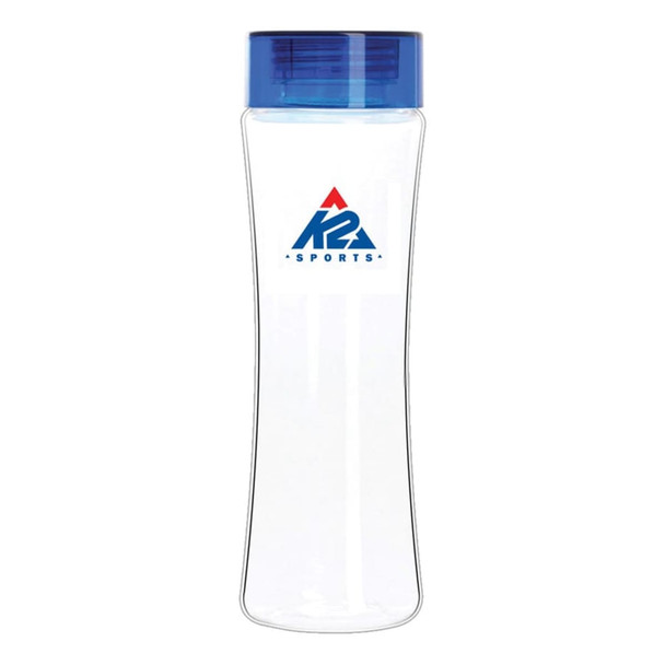 A drink bottle made of clear Tritan, featuring a blue lid and a sports brand logo.