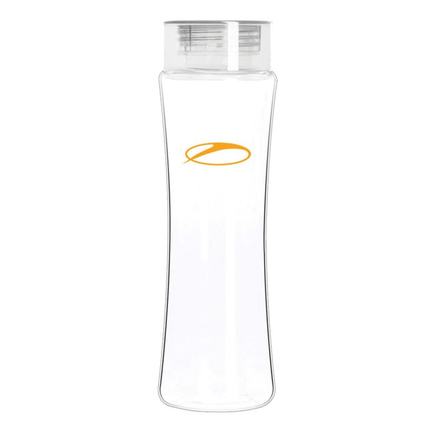 A drink bottle made from clear Tritan with a sleek, curved design and a screw-on lid. It features a logo.