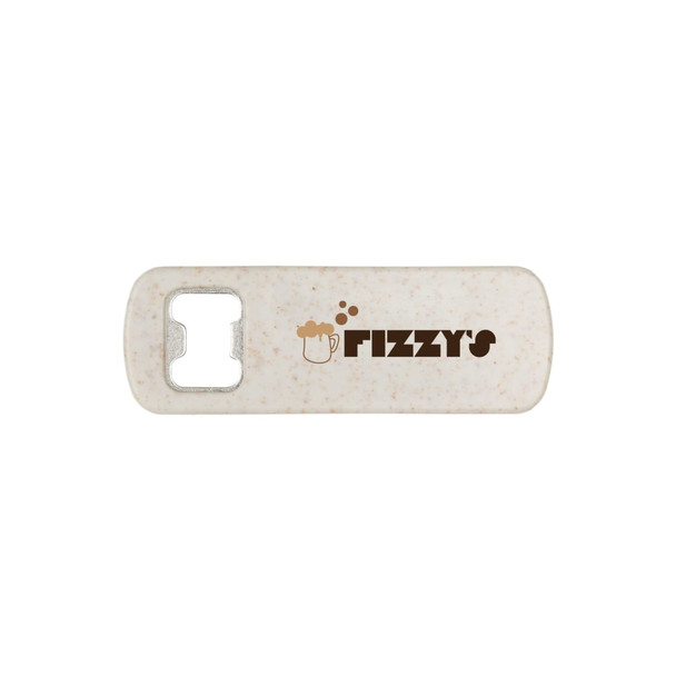 A drink bottle opener in white with a logo design. It features a keyring loop for easy attachment.