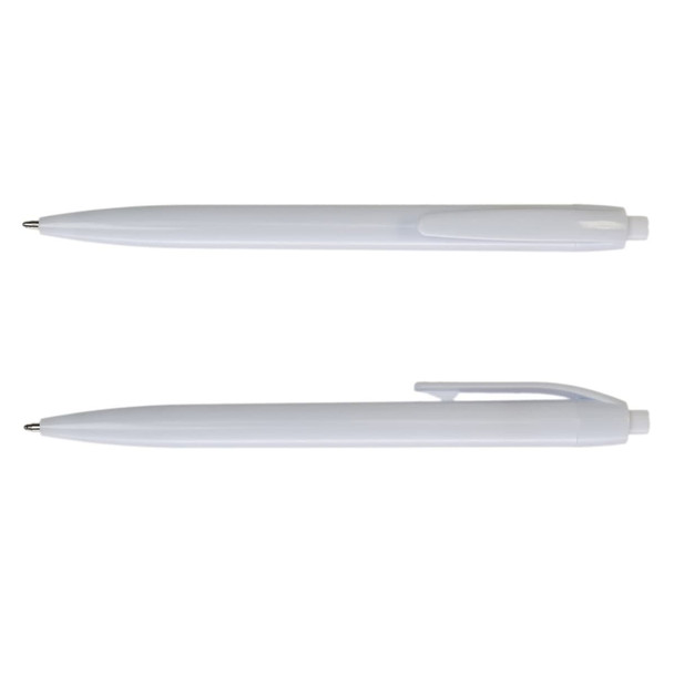 A collection of white plastic pens, featuring smooth designs and clips for easy attachment.