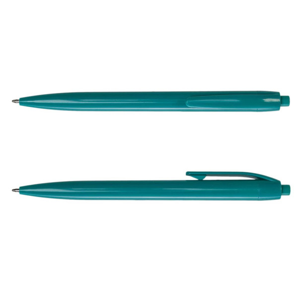 A teal plastic pen with a smooth body and a clip, featuring a logo on its side.