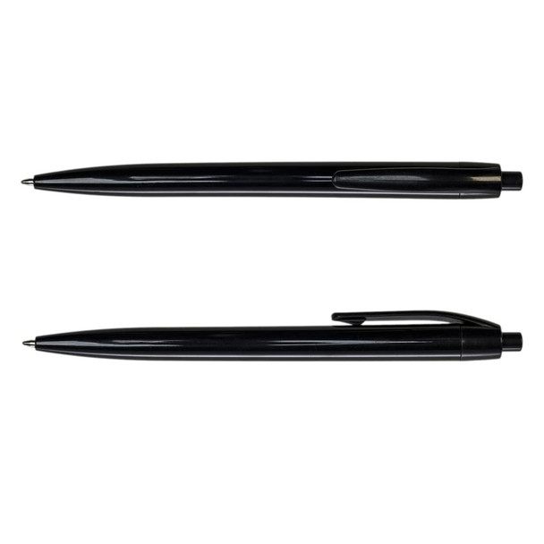 A black plastic pen featuring a sleek design and a pocket clip, with a logo visible on the barrel.