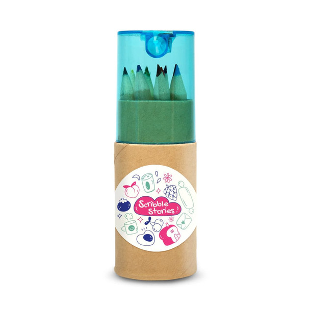 A tube containing Rembrandt colored pencils, featuring a clear blue top and a cardboard base with a decorative label.