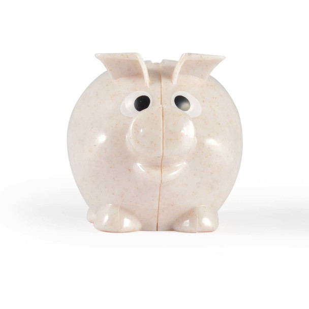 A cute, small pig-shaped eco-friendly coin bank with a smiling face and a rounded body, designed for saving money.