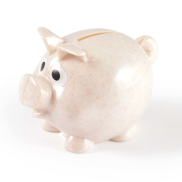A small pig-shaped eco coin bank with a light speckled finish and oversized cartoonish eyes.