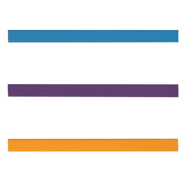 Three straight strips of carpenter pencils in blue, purple, and orange colors. Each pencil has a smooth finish.