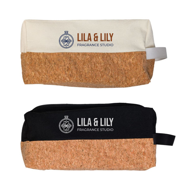 A utility pouch in cream and black, featuring a cork bottom and a zipper, with a logo on both sides.