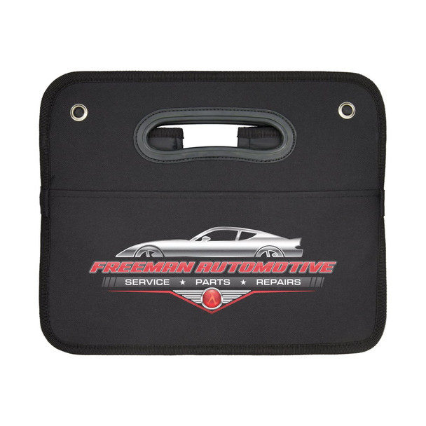 A black storage organiser with a handle and a logo featuring a car design. Ideal for office or business use.