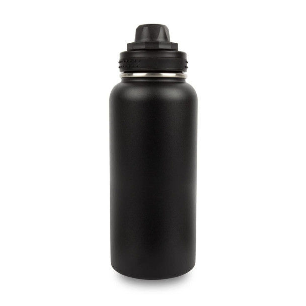 A drink bottle made of stainless steel with a matte black finish and a screw-top lid. It features a logo on the body.