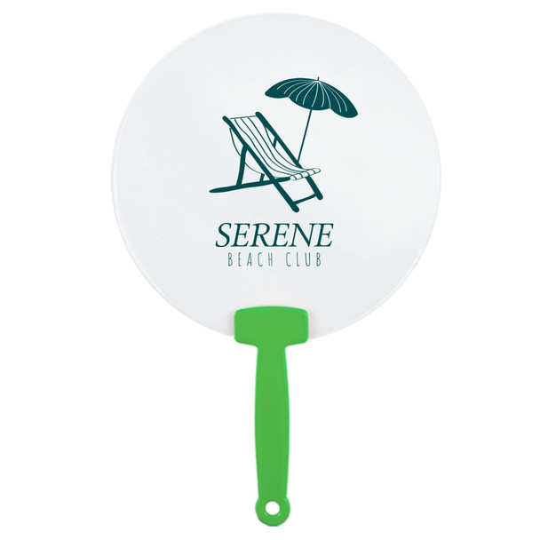 A fan featuring a round white paddle with a green handle and a beach-themed graphic.