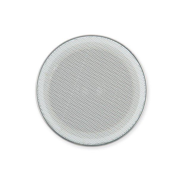 A circular speaker featuring a mesh grille design in silver, suitable for audio use.
