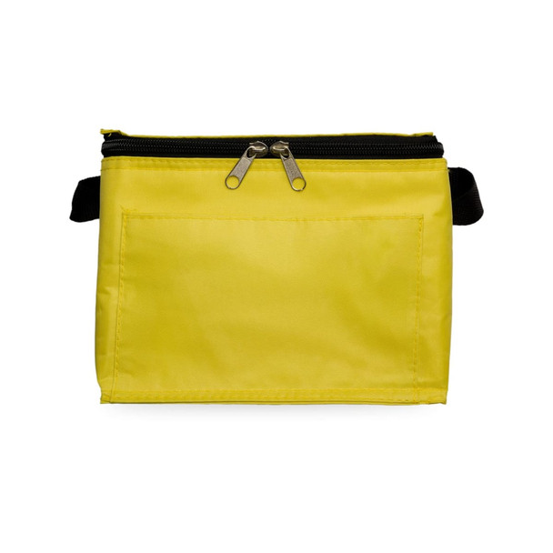 A yellow zippered bag with a black strap, featuring a front pocket and a smooth, durable fabric.