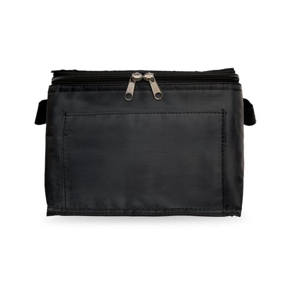 A black zippered bag with a flat surface and a front pocket, suitable for holding small items.
