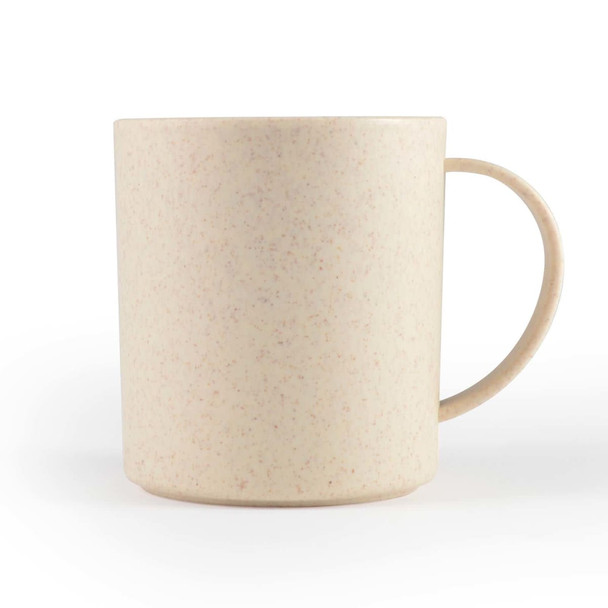 A reusable coffee cup in a light beige colour with a speckled design and a handle. It features a logo.