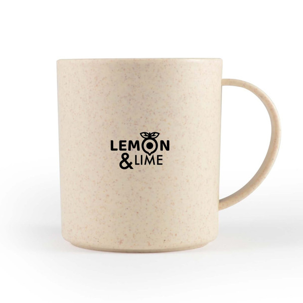 A cream-coloured mug with a textured finish and a logo. It has a curved handle and a round body.