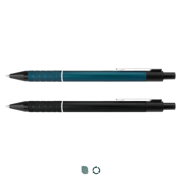 A metal pen set featuring a teal pen and a black pen, each with a sleek design and textured grip.