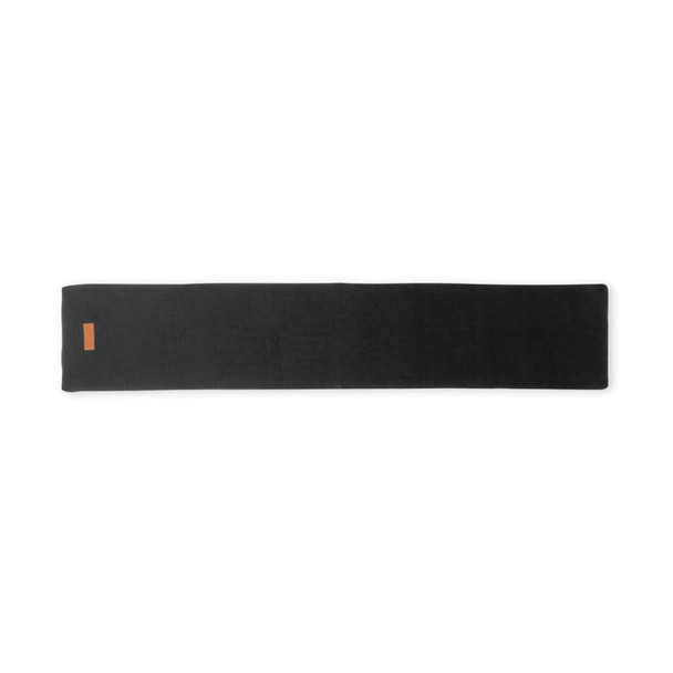 A black scarf featuring a subtle logo detail, designed as a clothing accessory.