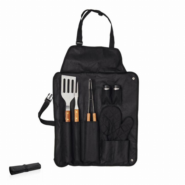 A black BBQ tool set featuring a spatula, tongs, salt and pepper shakers, an oven mitt, and a storage apron with pockets.